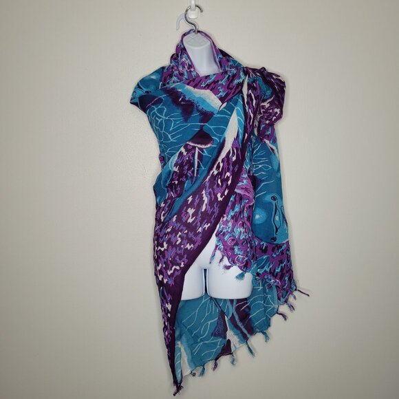 Dolphin blue purple fringe art to wear quirky shawl scarf - Picture 2 of 7